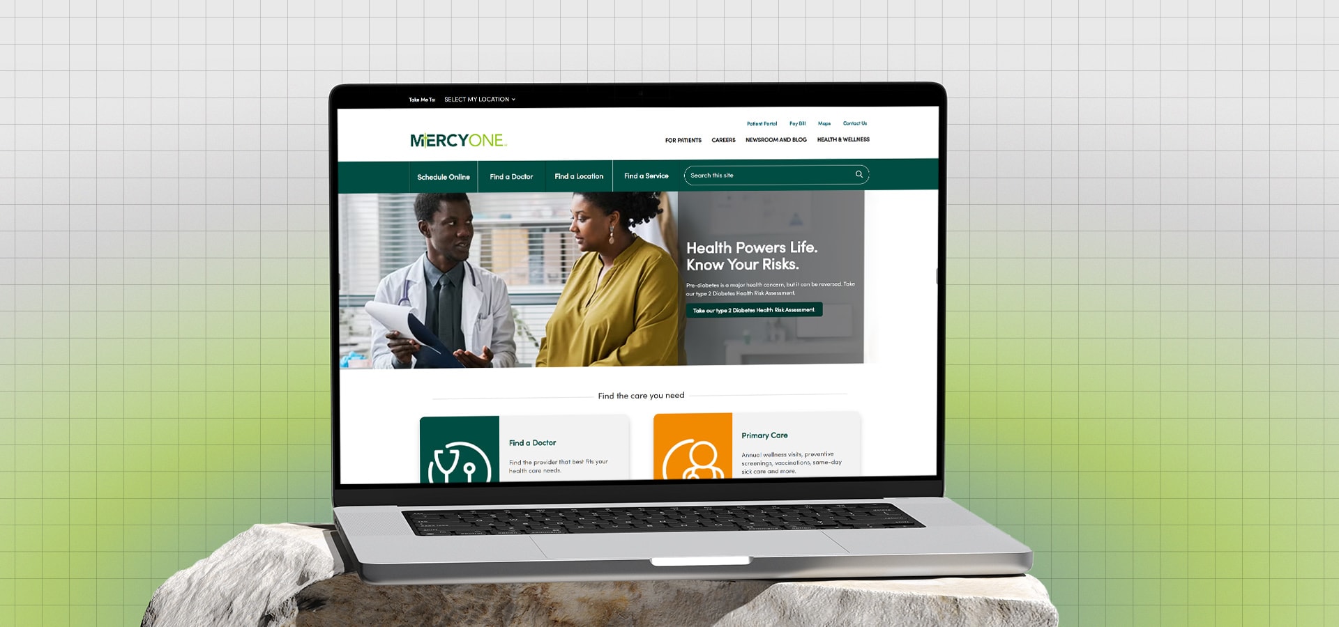 MercyOne: Healthcare Website Experience — MercyOne public healthcare website homepage shown on a laptop mockup