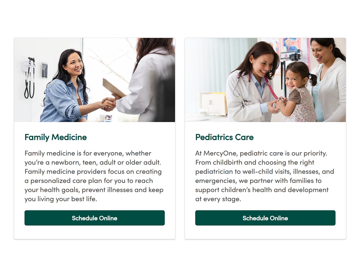 MercyOne: Healthcare Website Experience — MercyOne family medicine and pediatric appointment navigation cards