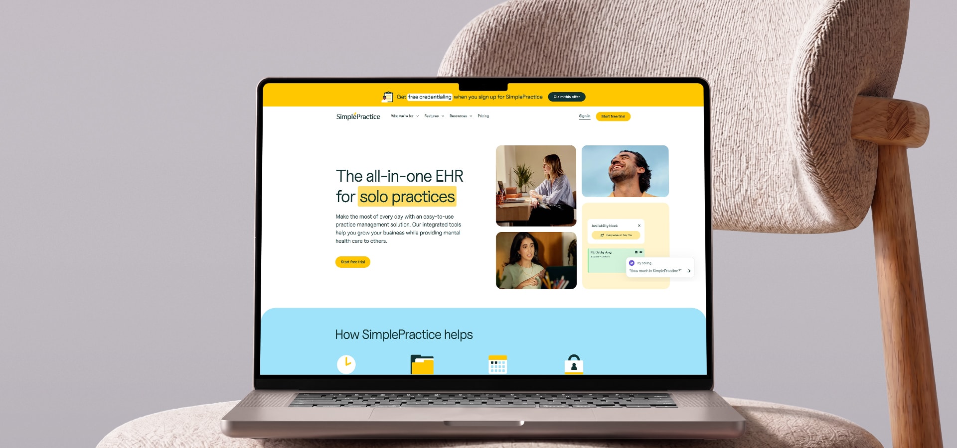 SimplePractice: EHR and Practice Management — SimplePractice public website showing its practice-management EHR experience