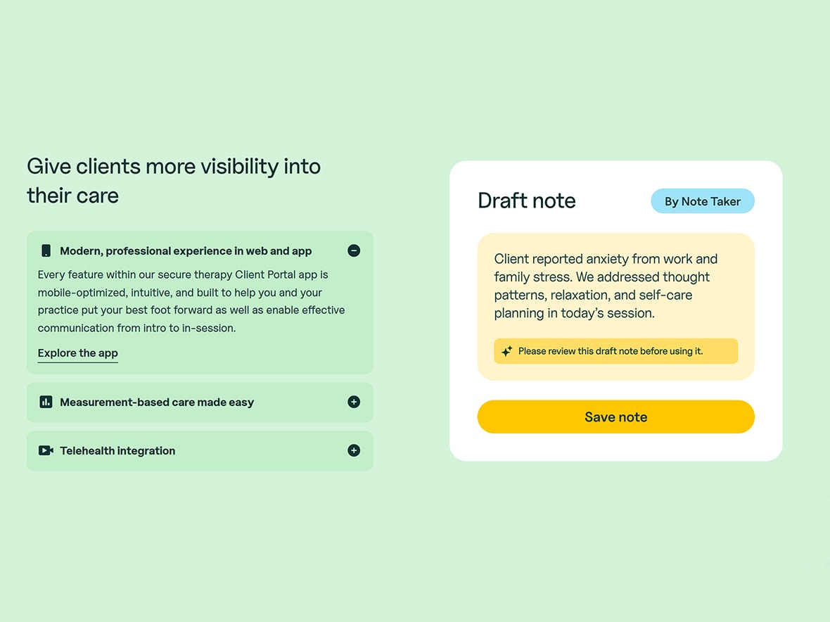 SimplePractice: EHR and Practice Management — Public feature example showing client portal and clinician-reviewed draft notes